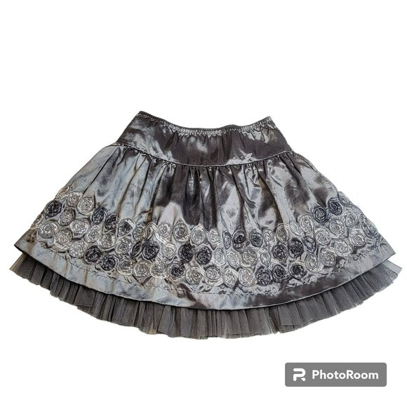 Jona Michelle Skirt, Girls 7, Silver Satin, Floral Embellishment, Tulle Hem, EUC - Picture 4 of 10